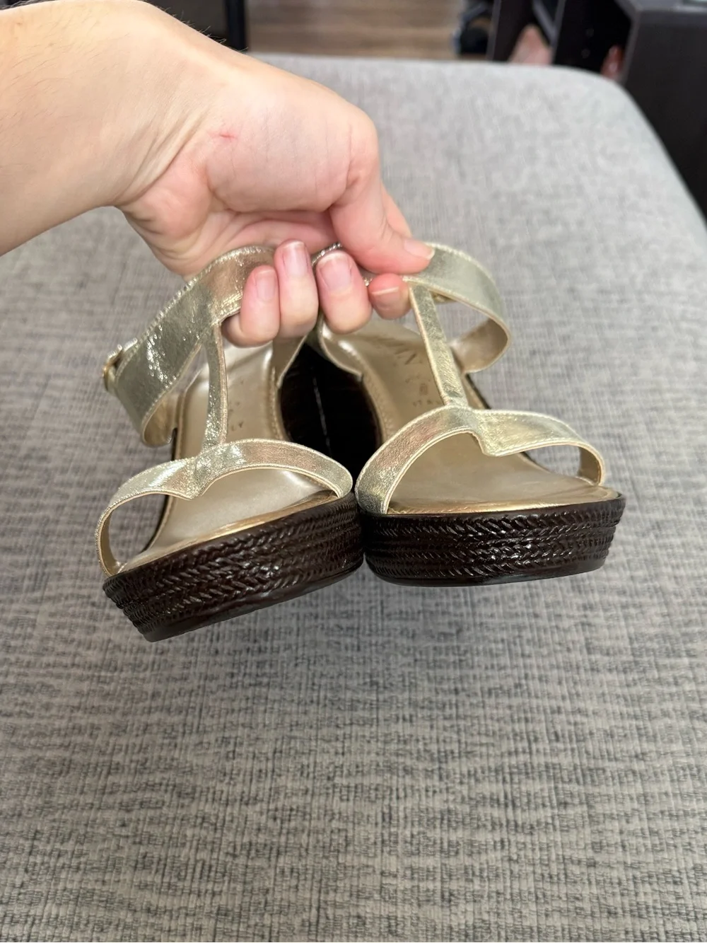 Gold and Brown Strapped High Heeled Wedge Sandals by Italian Shoemakers Size 9